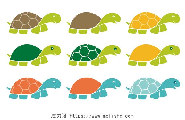 白色背景九只不同颜色的乌龟图标